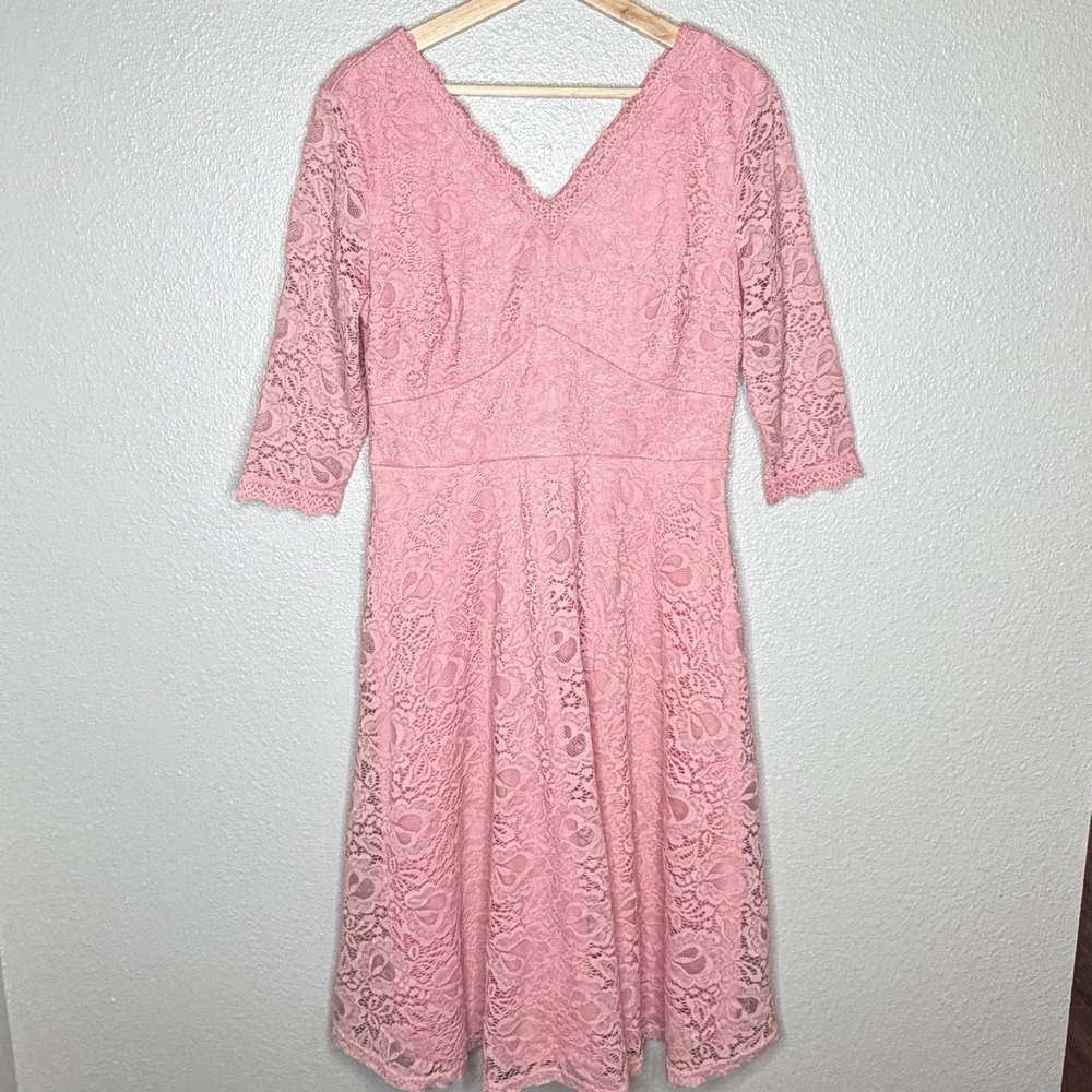 Jasambac Pink Lace Midi Dress 3/4 Sleeve Fit Flare Womens L Wedding Soft‎ Girl